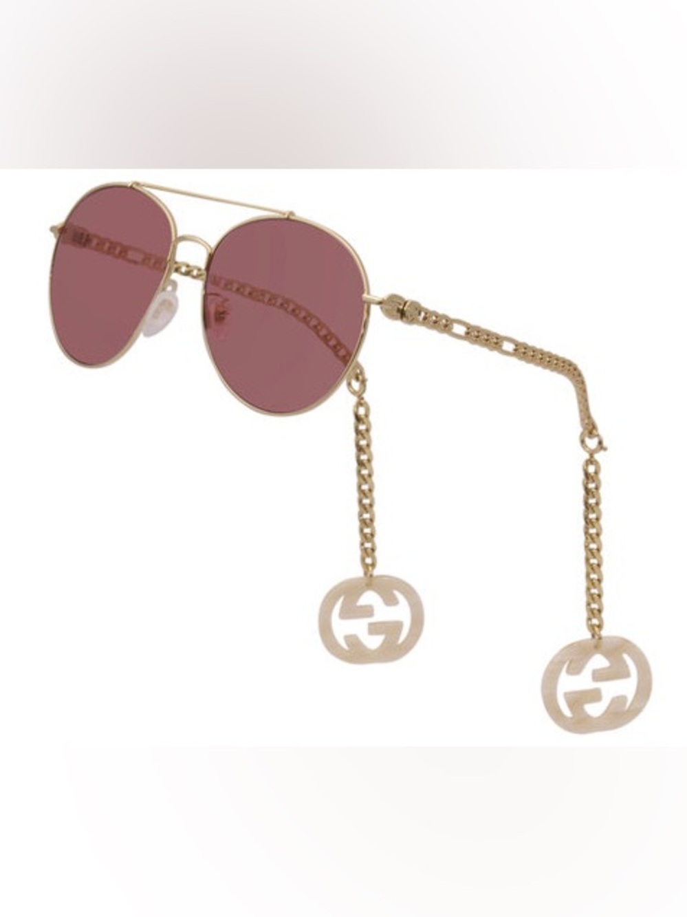 Gucci Rose Coloured “Pilot” Sunglasses with Gold Frame and Detachable Charms